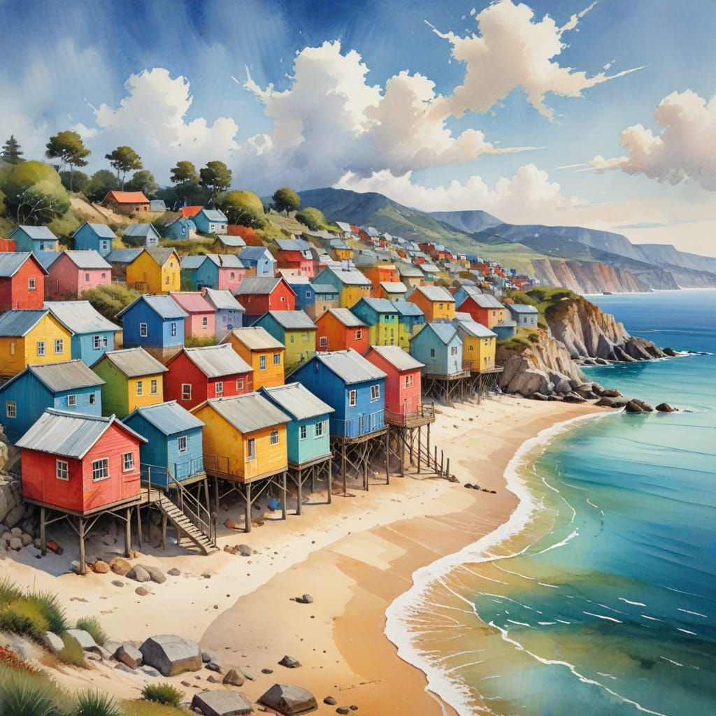 Colorful Beach Houses in Rustic Asian Oil Paint Style