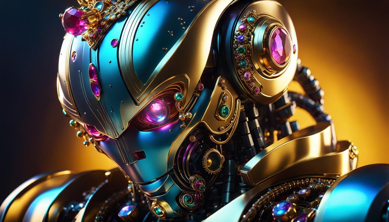 robot, made with precious metals and jewels,  Hyperrealistic, splash art, concept art, mid shot, intricately ...  by @ukimalefu
