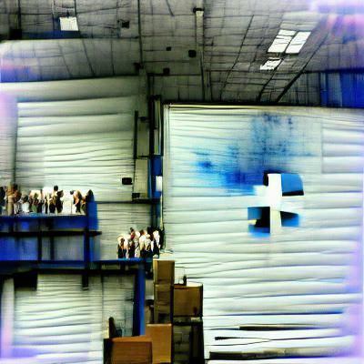 a white and blue warehouse with souls that just died and are...