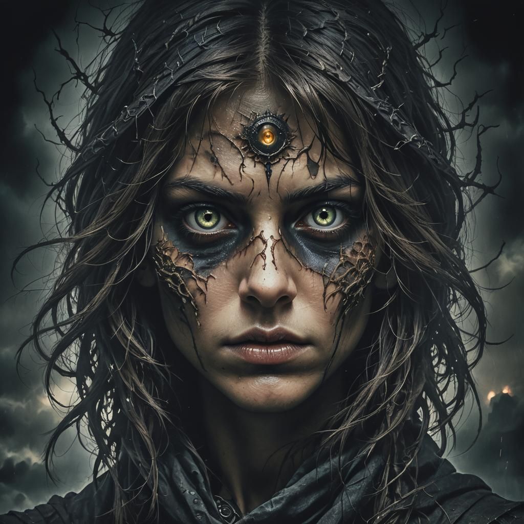 Against a backdrop of utter darkness, two eyes emerge from the darkness. Its features are