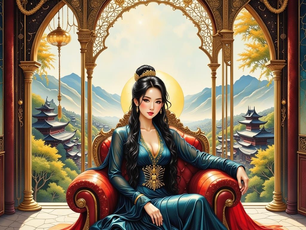 Beautiful Korean Queen on Ornate Throne Overlooking Ancient ...