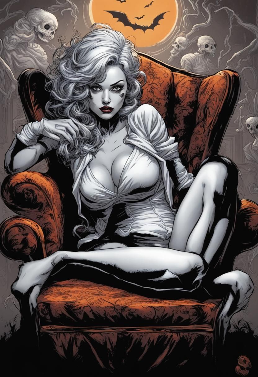 Halloween woman on a plush chair