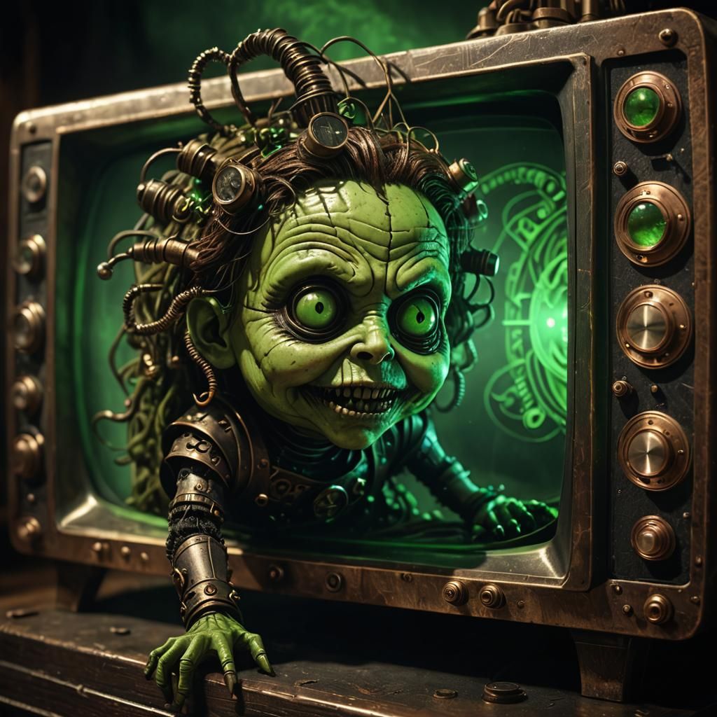 A hideous cursed witch doll crawling out of a steampunk television screen, green glows, 3D, ultrarealistic ...  by @Drac_Rosenberg