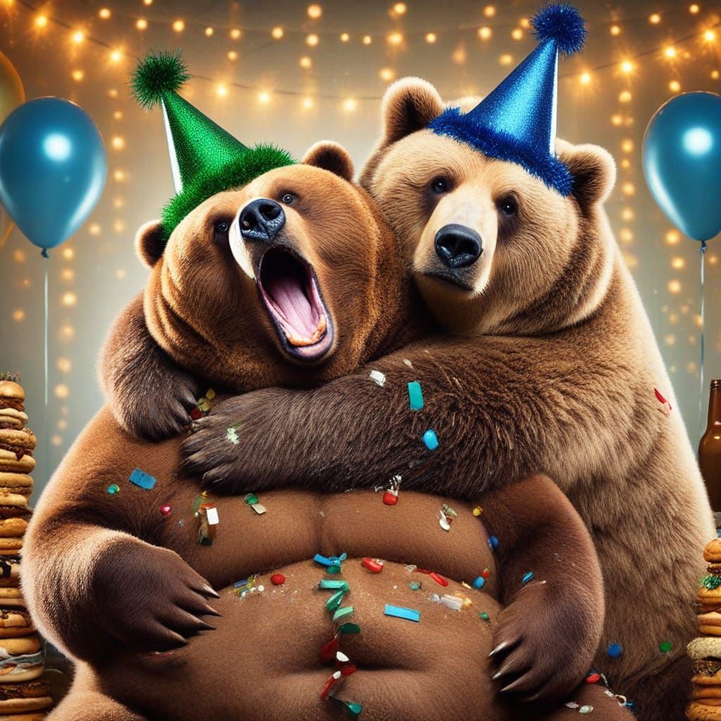 obese Bear duo hugging; an excited Kodiak Bear smothering; unimpressed obese Bear with a disgusted look; Newyear's duo Party background;
