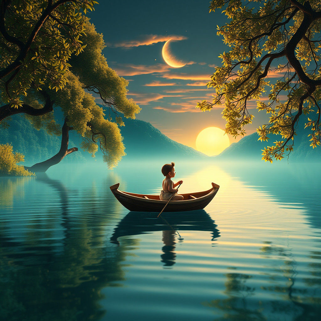 Infant on Lake in Hand-Carved Boat