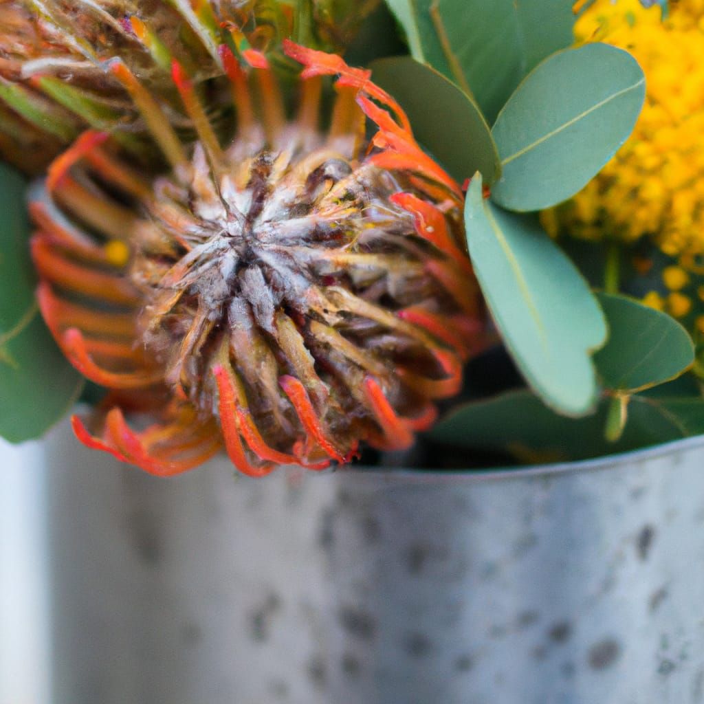 Australian native flowers arrangement in a stainless steel b...