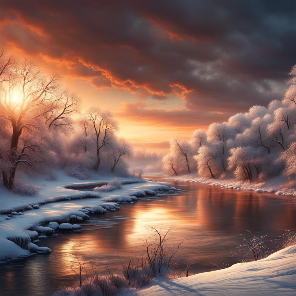 winter riverscape sunset