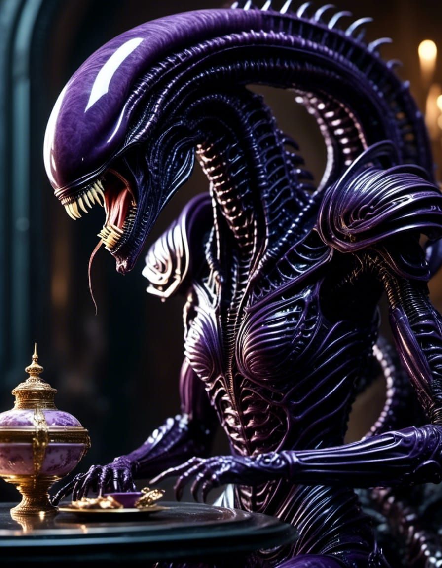 dramatic close up <lora:Xenomorph Queen:1.0> supervillain demon alien xenomorph queen with purple ceramic armour plating playing with a barb...