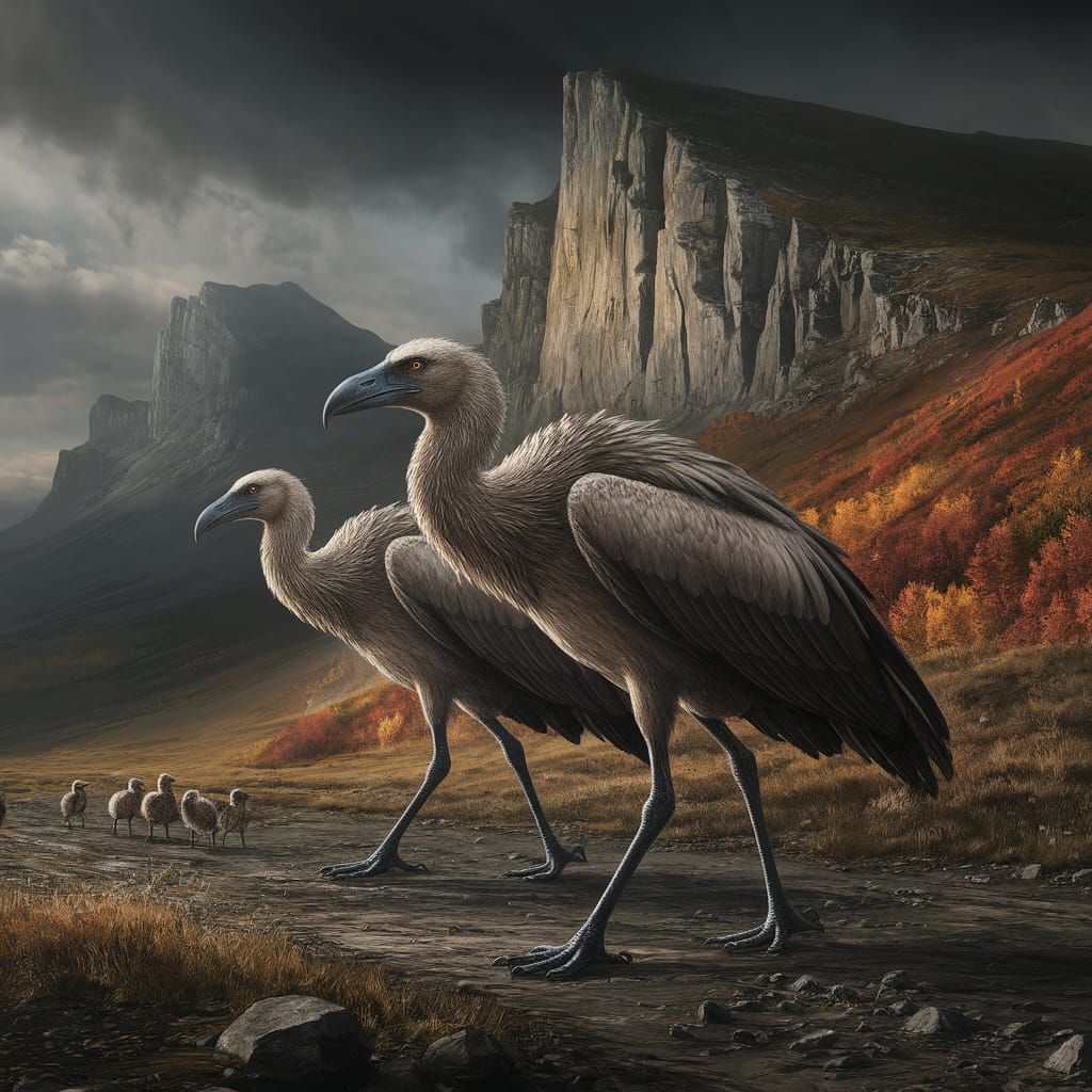 Two epiropsis trudge through the mountain valley, their massive feet sinking into the damp earth. A cliff of jagged rocks looms nearby, its ...