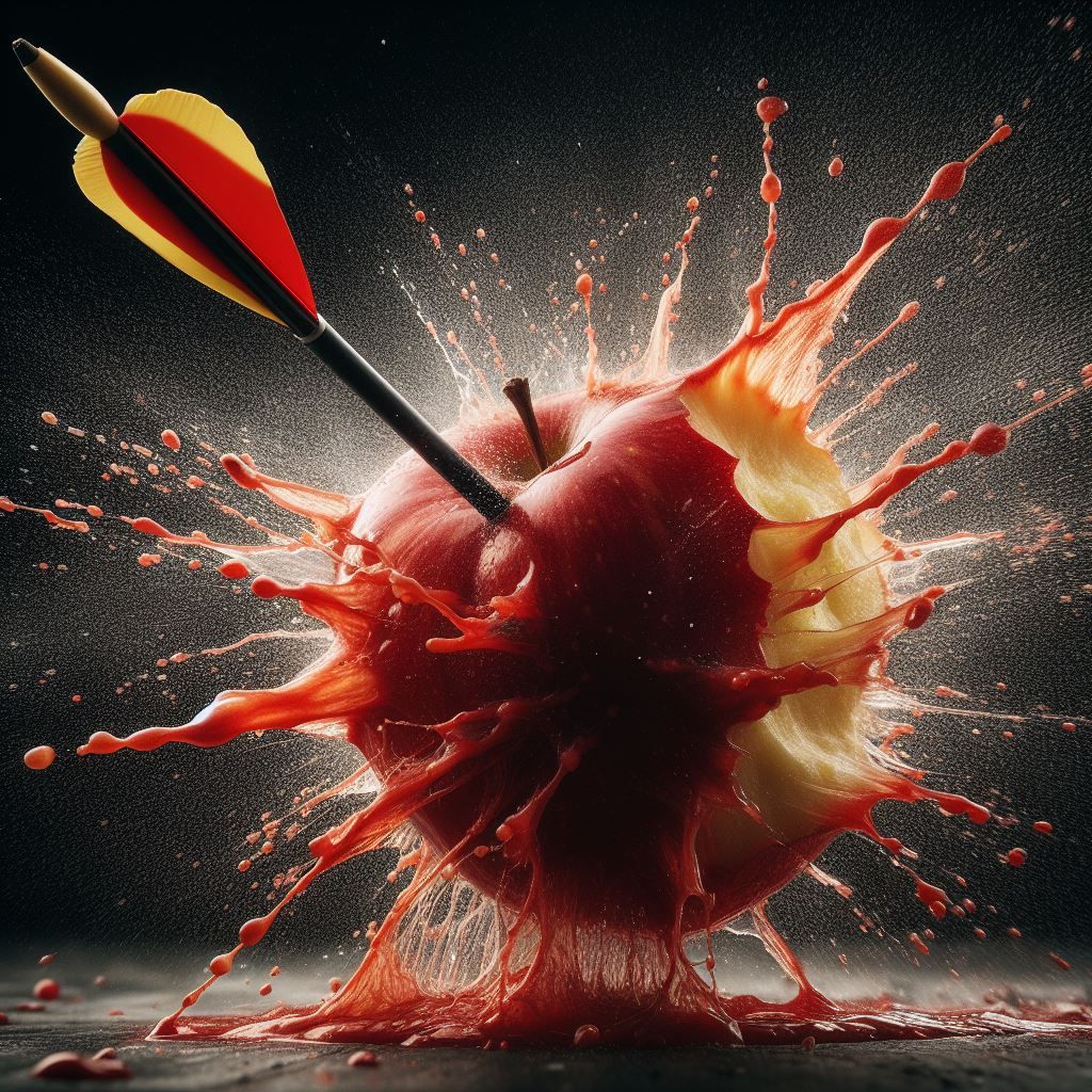 high-speed photograph, arrow, red apple