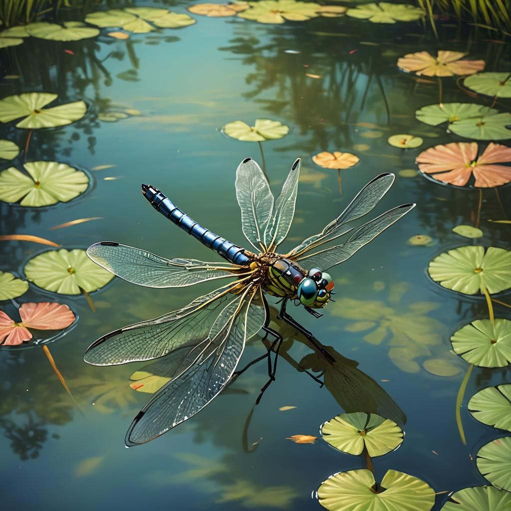 Dragonfly flying over a pond
