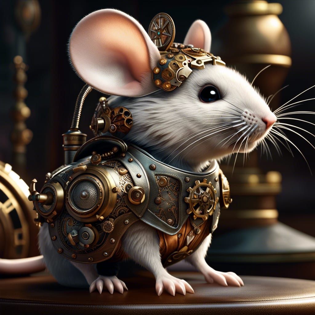 adorable pretty fluffy steampunk mouse, wearing armour, exquisite ...