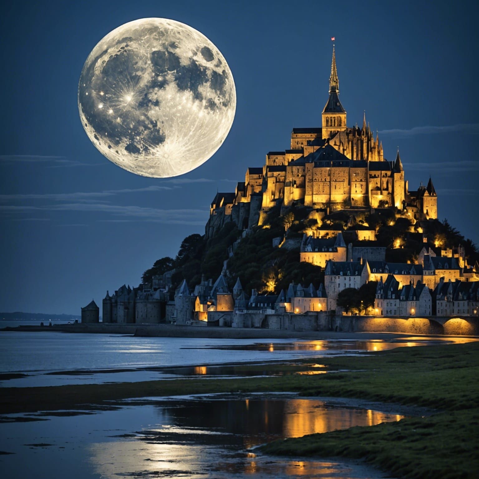 A full moon looms over Mont Saint Michel intricate details, ...