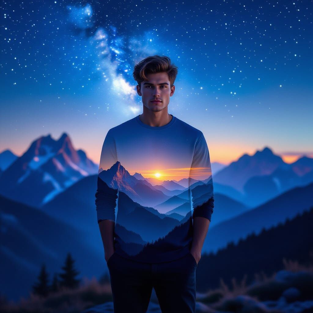 Man Merges with Majestic Landscape in Double Exposure