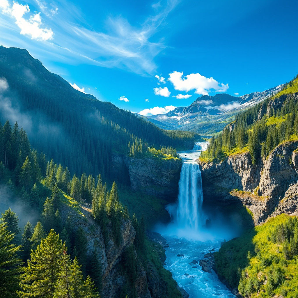 magnificent painting of a mountain waterfall, pristine landscape, lush greenery, alpine, beautiful, award-winning painting, deep colors, ric...