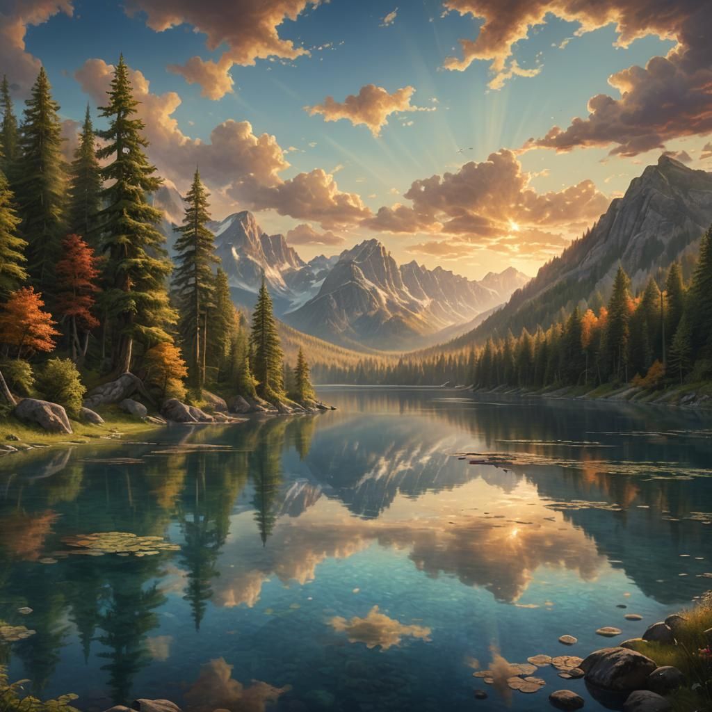 Majestic Mountain Lake Landscape at Golden Hour