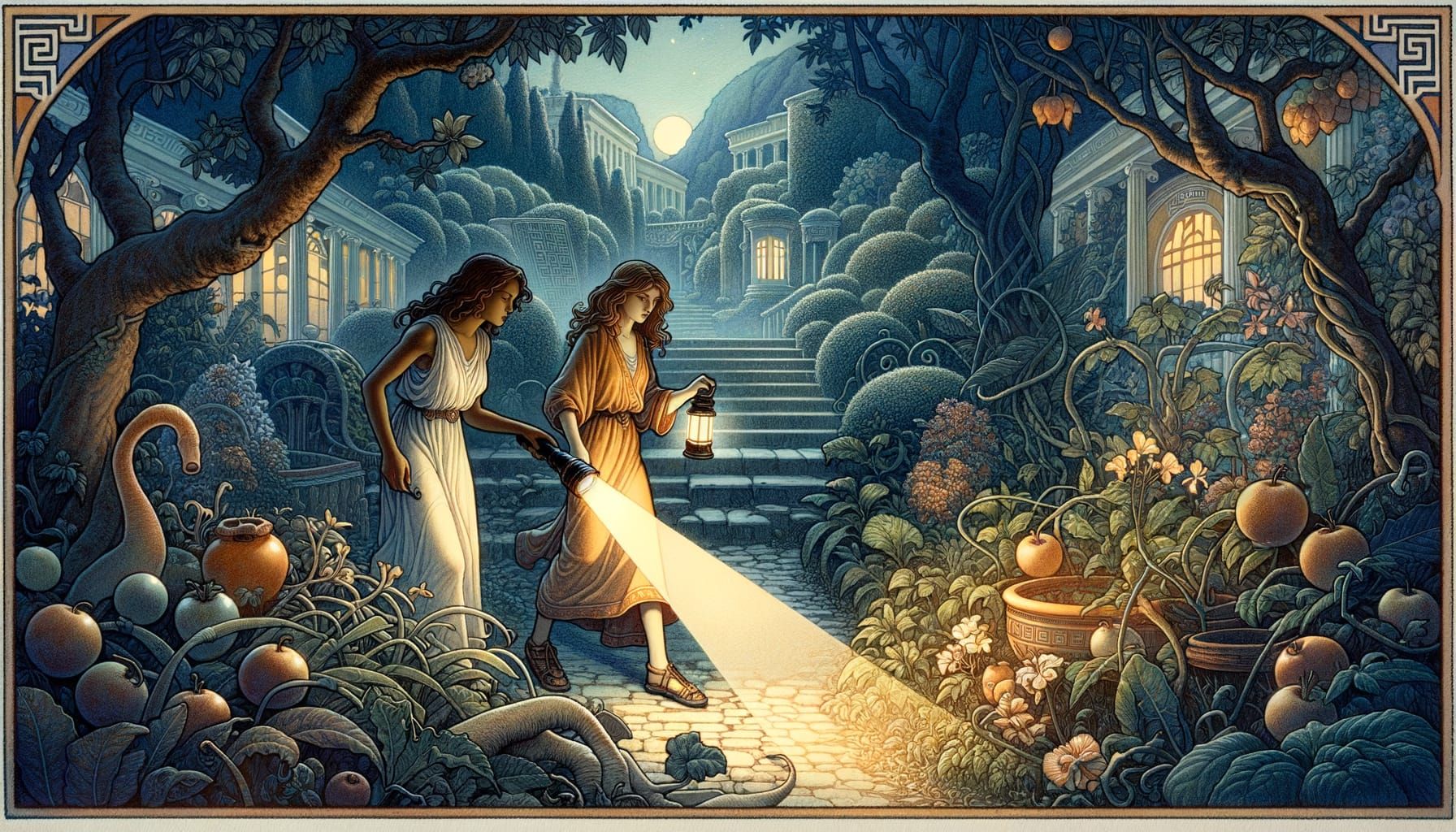 Ancient Greek girl detective, brown skin and hair with a flashlight in an ancient garden, with her girlfriend who has light brown hair. In t...