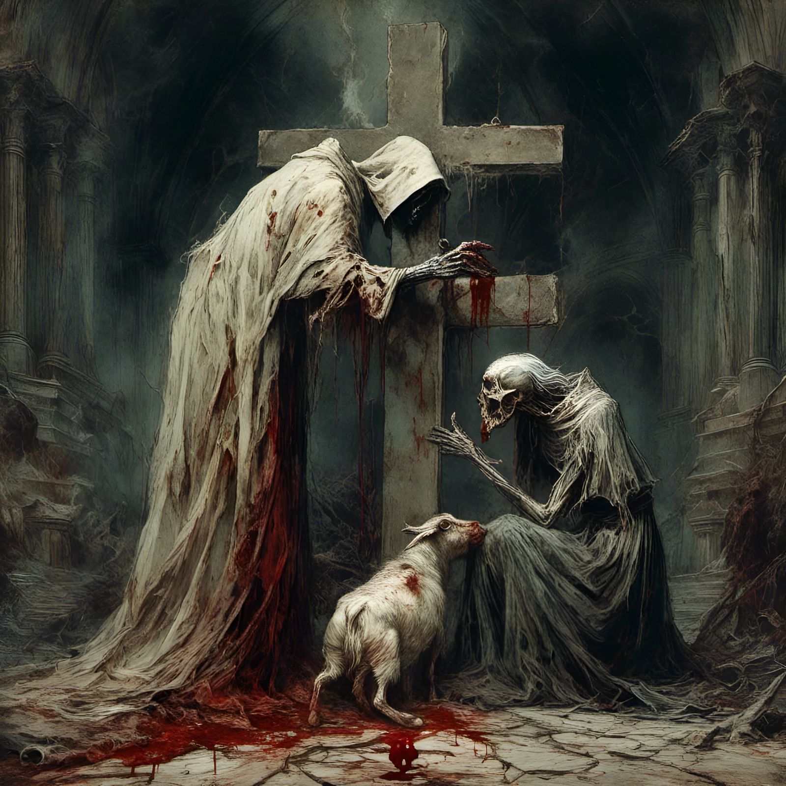 <lora:Macabre:1.0> a bloody rotting christian zombie pope wi...