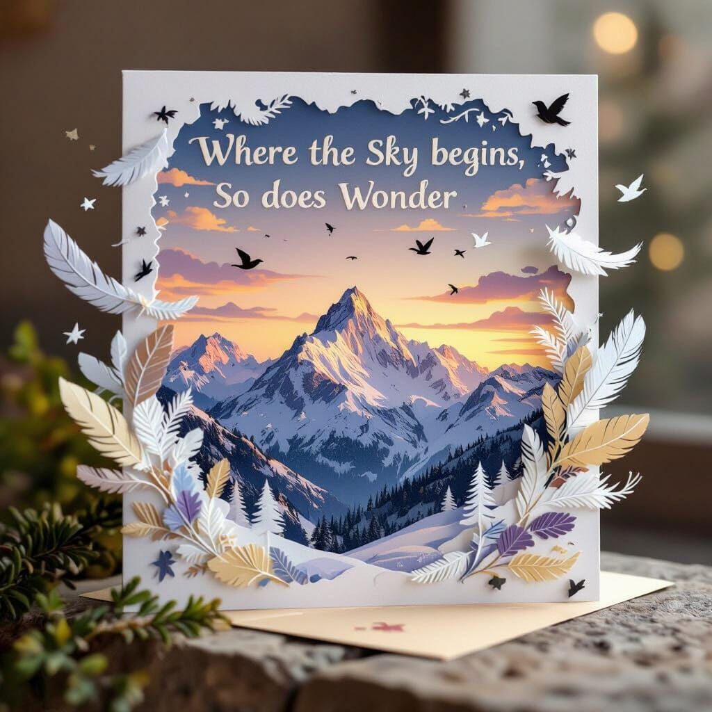Mountain Landscape Postcard with Paper Cutout Design