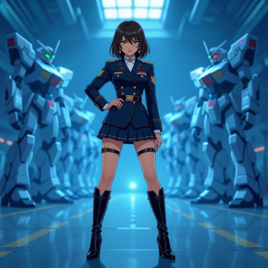 An anime-inspired mecha pilot, dressed in a stylized military uniform featuring a short skirt and adorned with subtle, elegant jewelry, stan...