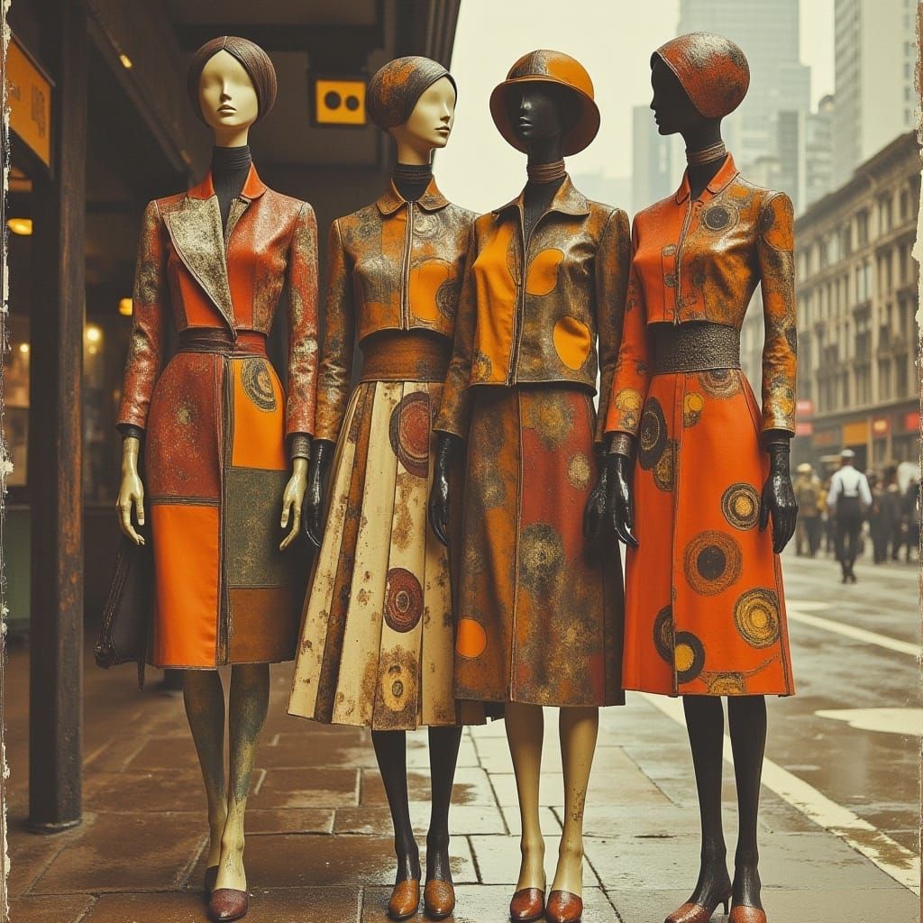 <lora:Ad70s:1.0> retro abstract vintage female living mannequins waiting by a bus stop in a drizzly city
