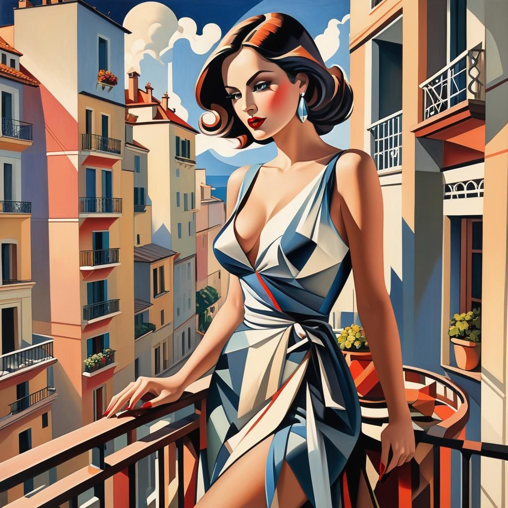 woman on a balcony, cubist style drawing inspiration from Eu...