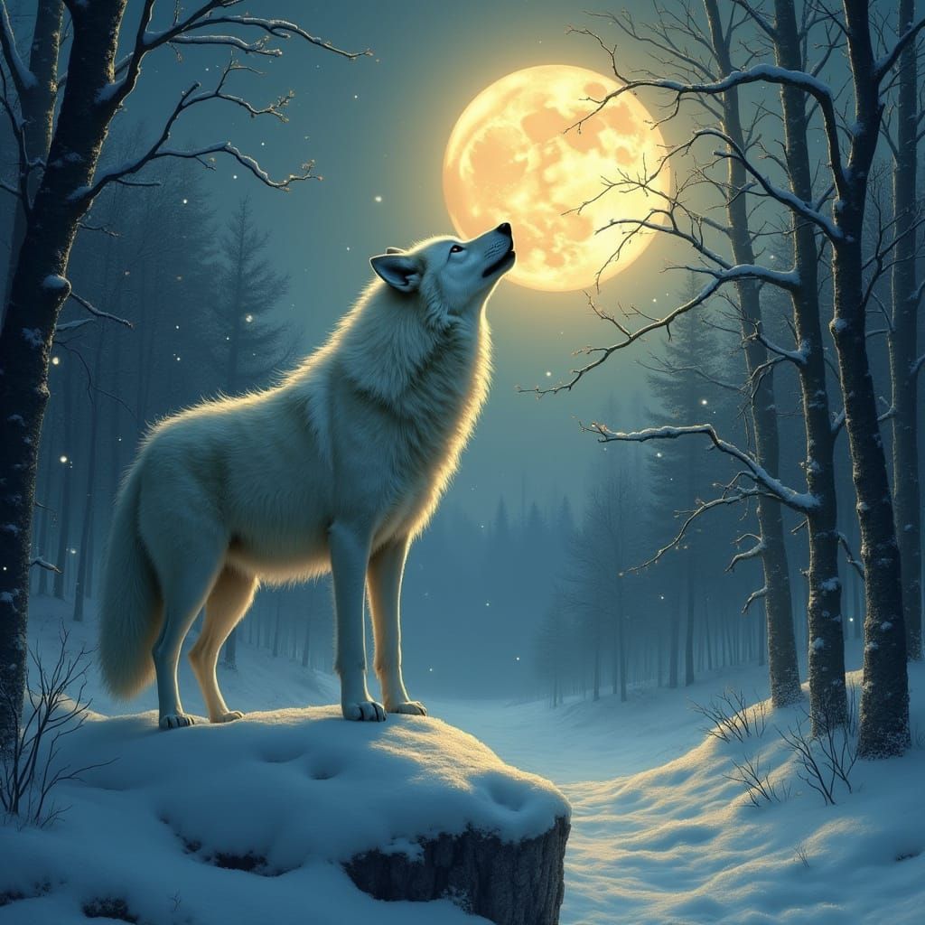 A lone wolf howling at the moon in a snow-covered forest, but the moon is made of shimmering gold and ...  by @Nova