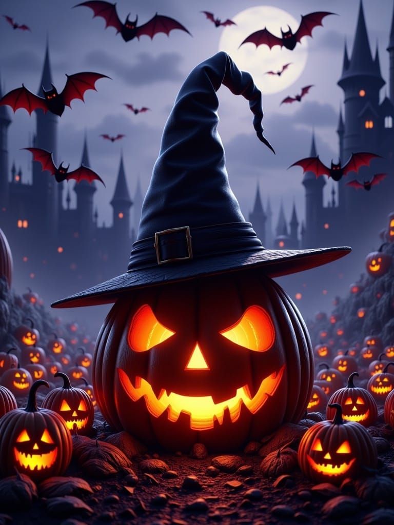 A 3D/4D illustration of a dark fantasy scene. There's a silhouette of a pumpkin with a witch hat. There are bats flying around the hat. Ther...