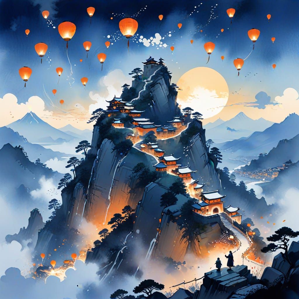 Mountain Monastery Sunrise: Watercolor and Cinematic Style