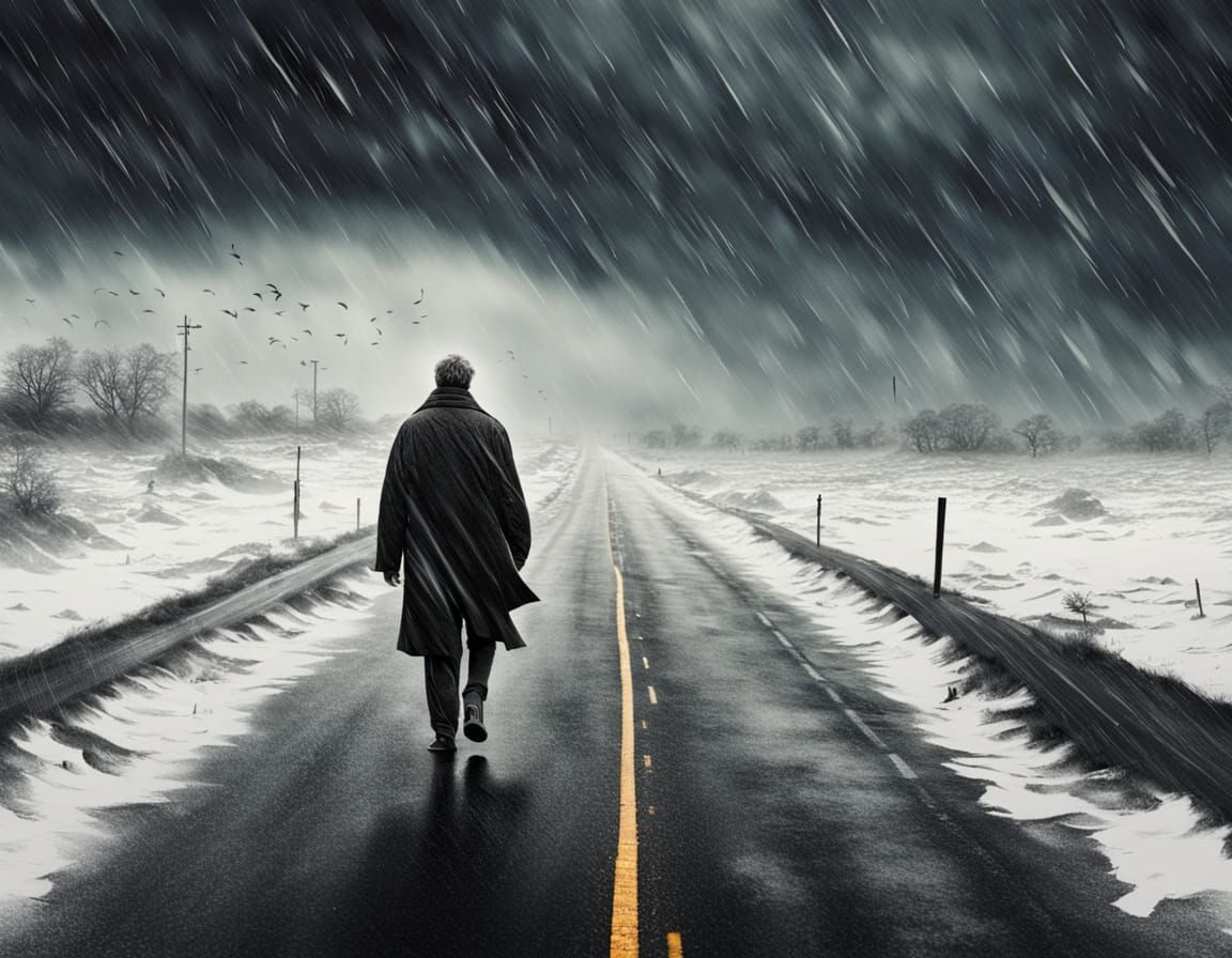 Man Walks Forward Through Hurricane Storm with Determination