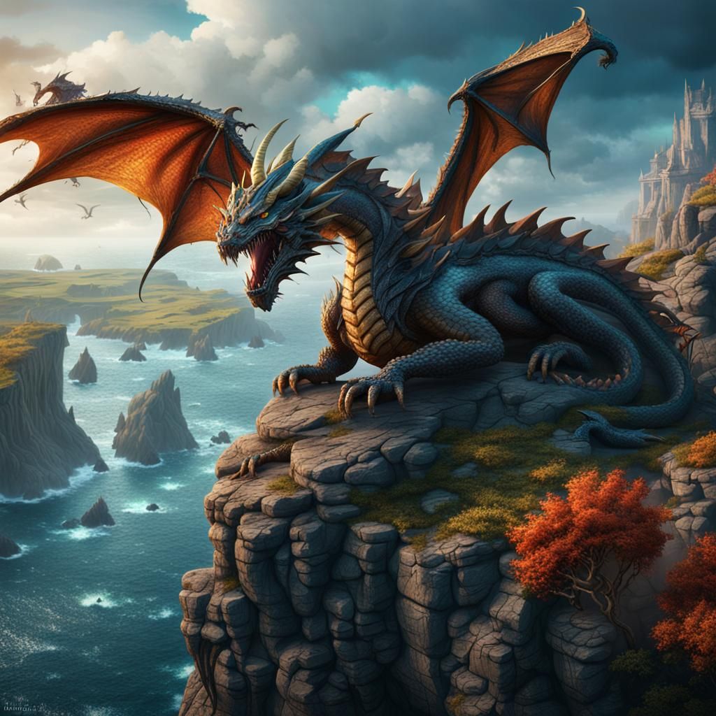dragon on a cliff overlooking the sea