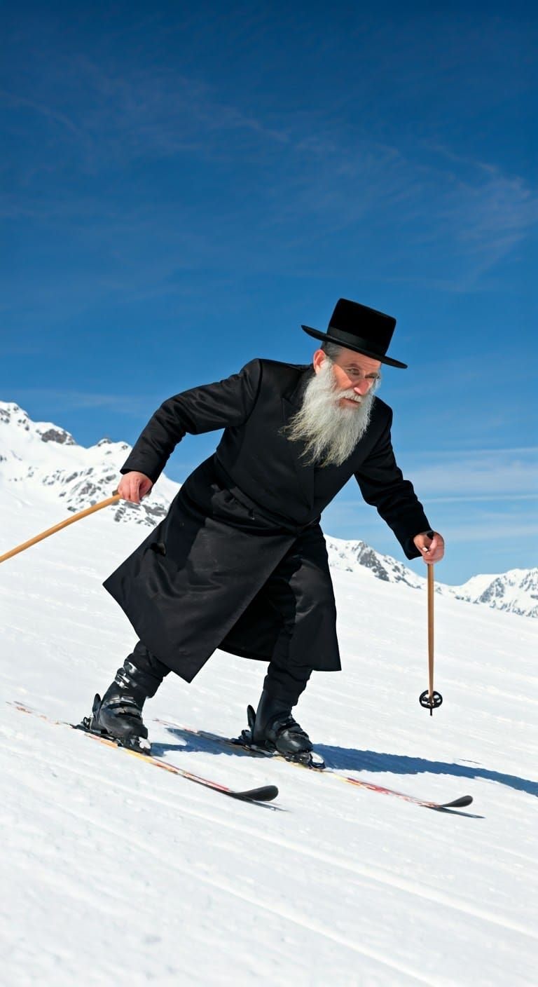 Traditional Rabbi Sails Down Alps in Winter Wonderland