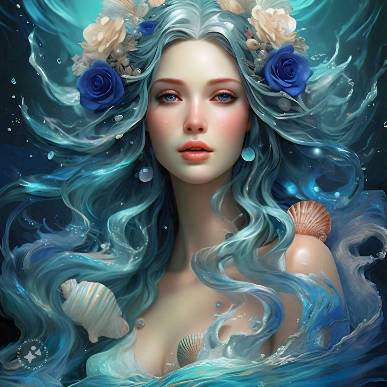 Goddess of water, blue roses and blueberries