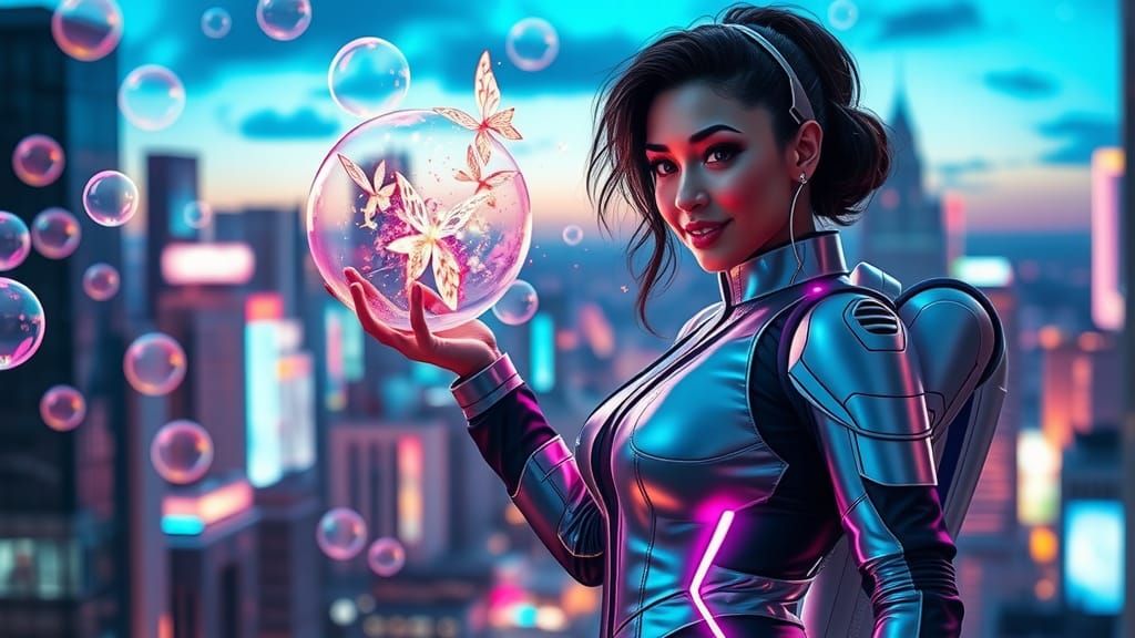 "Burst My Bubble" attractive Puerto Rican woman, different size bubbles floating, full lips, curvy, high tech fashion, e...