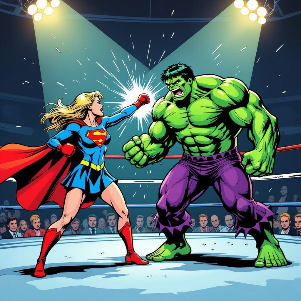 Supergirl boxing the 8-foot tall Hulk in a boxing ring