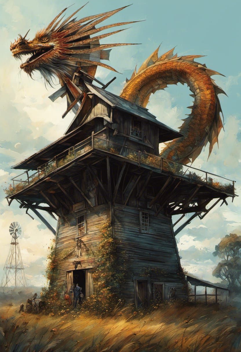 Epic Portrait of a farm windmill, fierce long dragon on top of an old