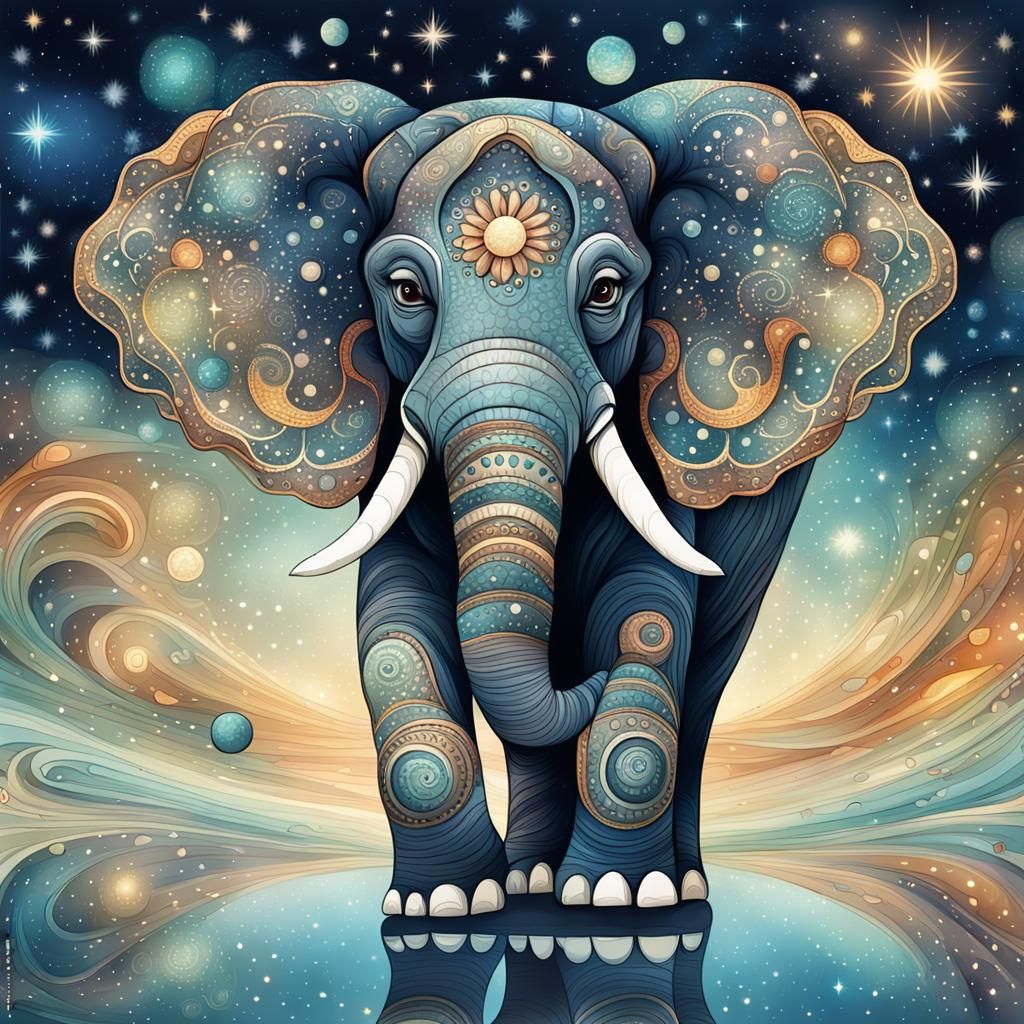 cosmic surreal elephant flying among the stars