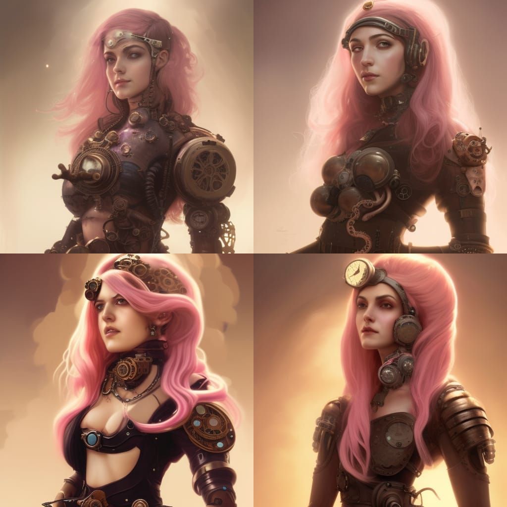 portrait of a middle-eastern steampunk woman, pale-pink hair...