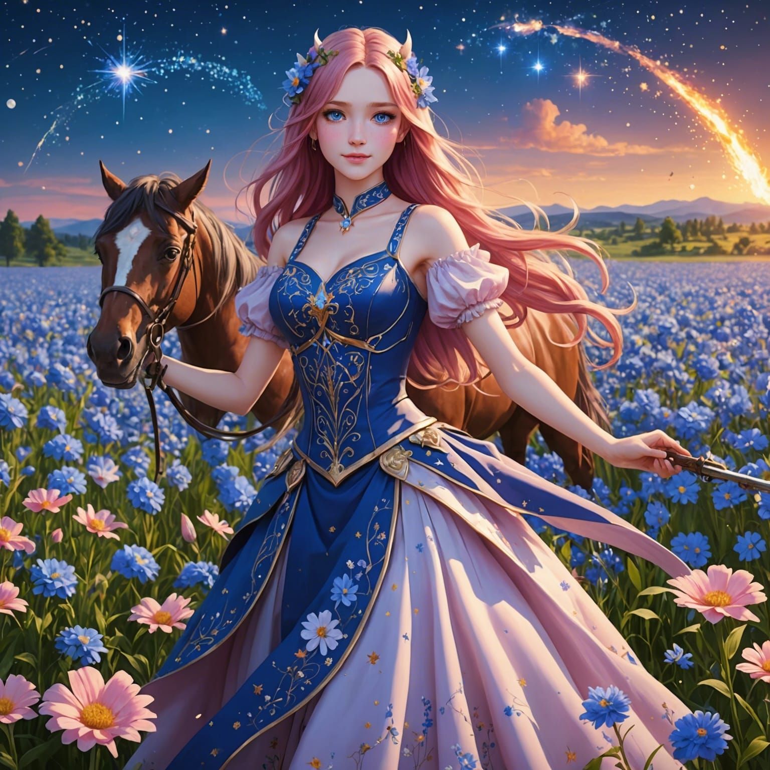 Anime Woman with Fire Horse in Flower Field