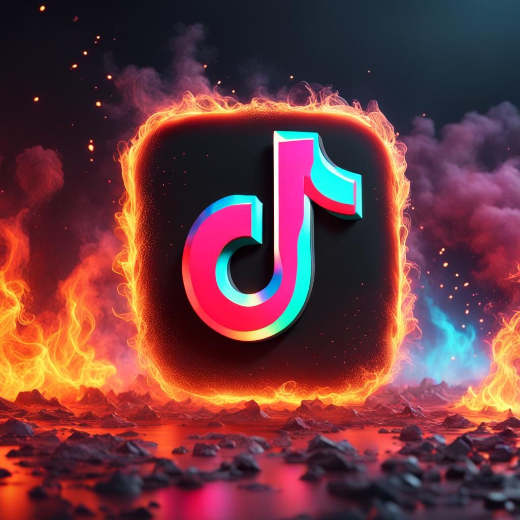 3d digital art of tiktok logo, on fire, flamin, smoke and mi...