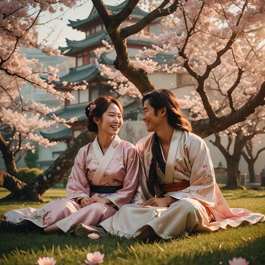Lovers Cuddling Under Cherry Tree: Cinematic Film Still