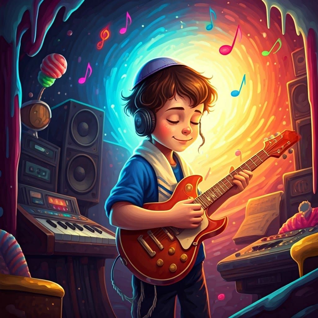 Young Boy in Recording Studio Plays Instrument in Whimsical ...