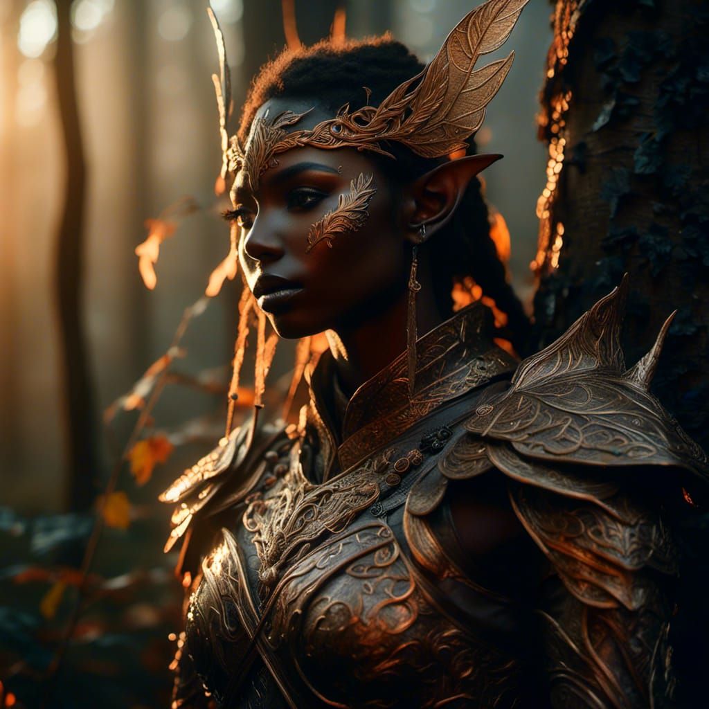  <lora:Ethnic Fantasy:1.0> a close-up of an elven warrior in a forest. Photo_realistic fantasy-art. Hyperdetailed. Close shot. 