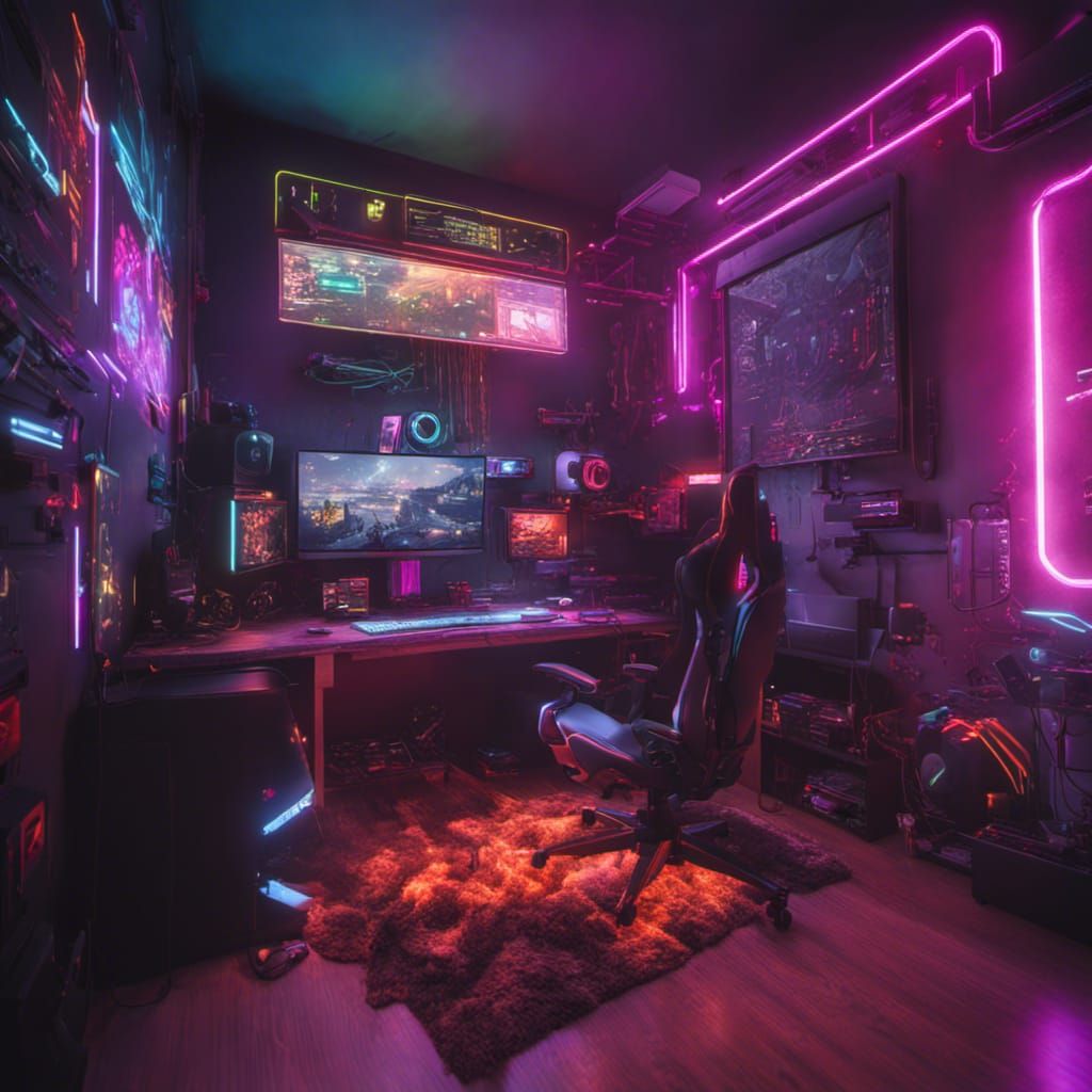 Premium Photo  Cyberpunk gaming room with neon light creative illustration  ai generate