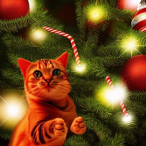 cat climbing christmas tree, fantasy AI Generated Artwork NightCafe