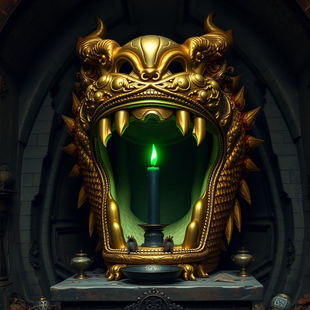 Wide shot of an Impossibly detailed ornate golden likeness of a traditional Japanese dragons face with its mouth open. The scales have an op...