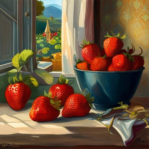 fruit still life painting of strawberries next a window, in a french cottage. focus on the fruit. make ...  by @Jorge Vargas