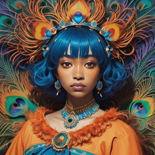 Beautiful woman with blue hair, crown made out of orange flo...