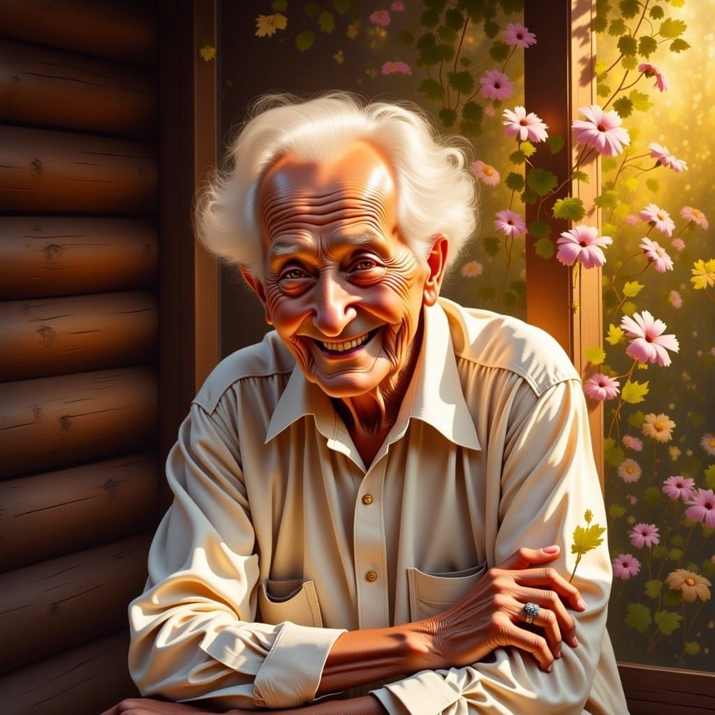 <lora:Cozy Intensity:1.0> Portrait of a smiling chubby grandfather, sweet, golden light, floral, leaves around, textured skin, rustic wooden...