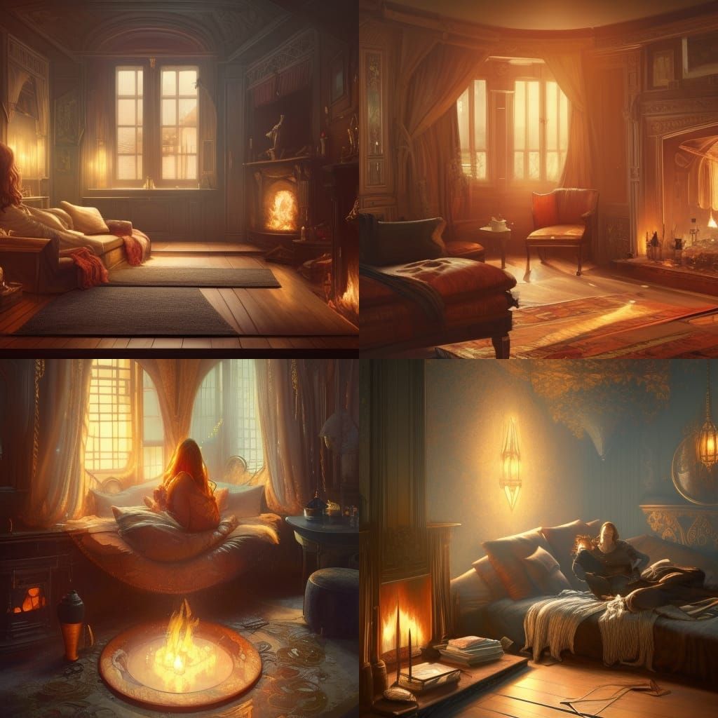 Beautiful cosy room with cosy furnishings, with glowing fireplace. Warm, soft lighting, 8k resolution concept art by Gre...